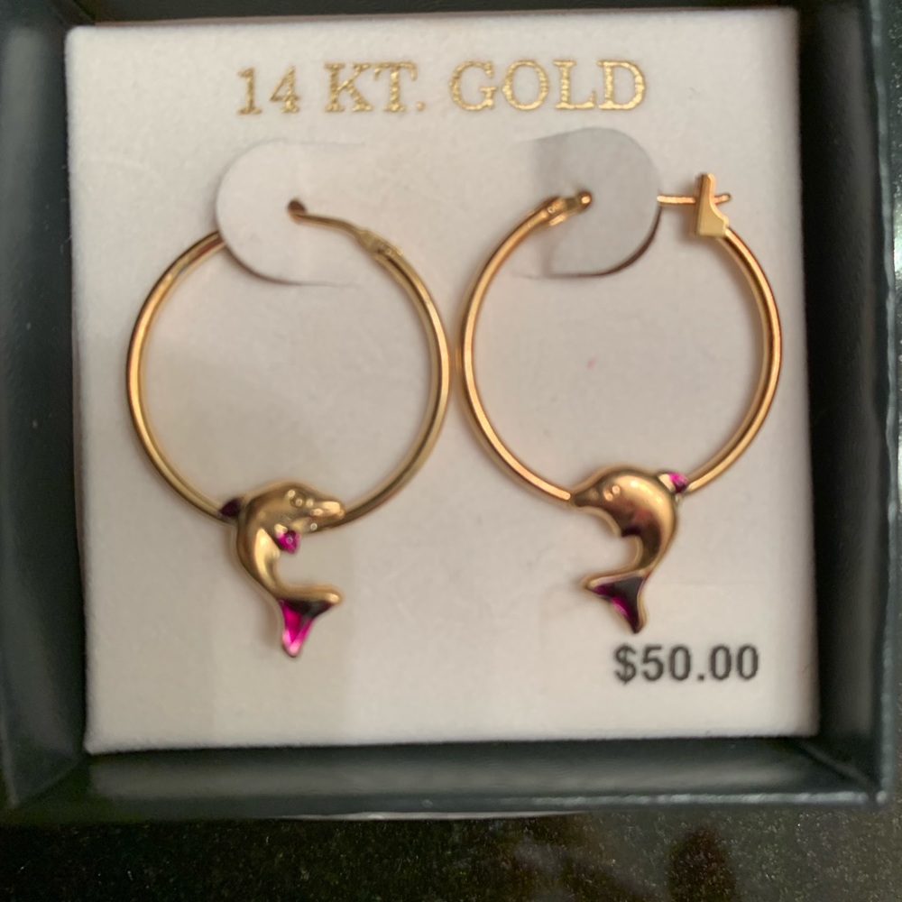 Beautiful 14k gold hoop earrings. Dolphins
